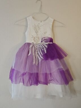 Girls White and Purple Party Dress with Floral Appliqué